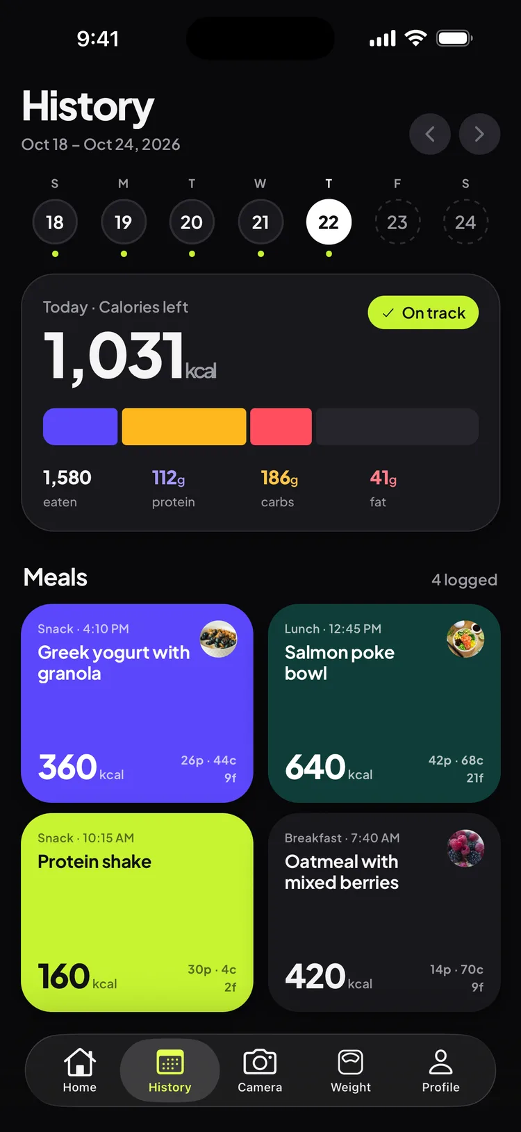 A day's meals in the history view, with calories and macros for each