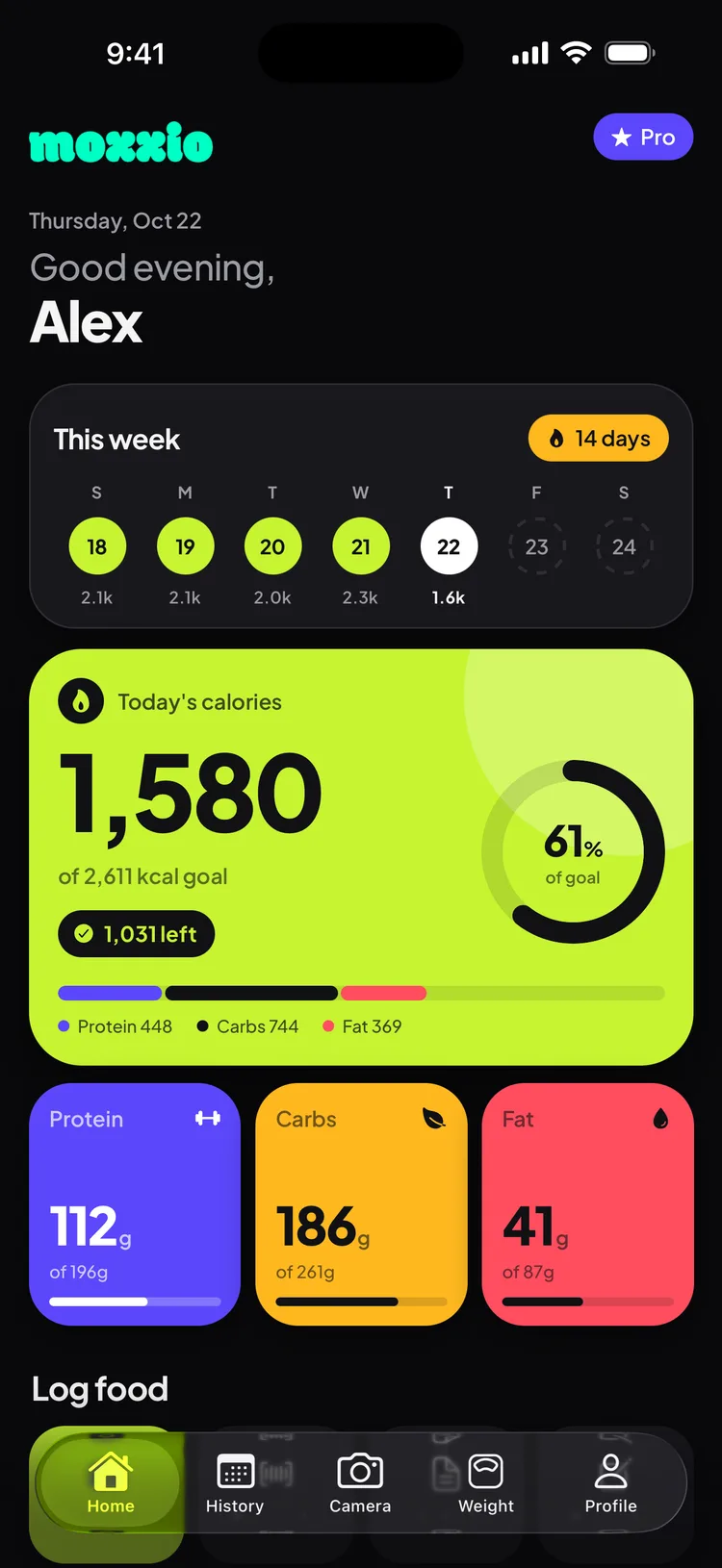 Moxxio home screen with today's calories, macros and a 14-day streak